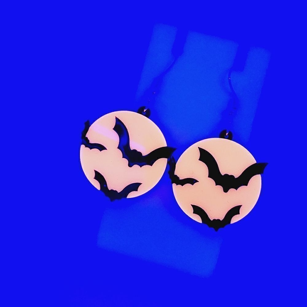 Blacklight UV Activated Bat Bats Moon Halloween Goth Drop Dangle Earrings